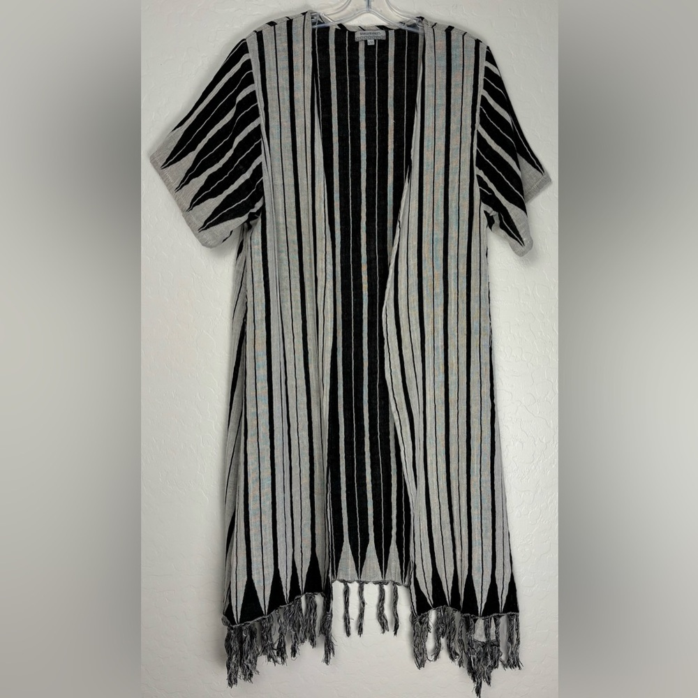Cost Plus World Market Black and Cream Striped Open Front Fringe Cardigan